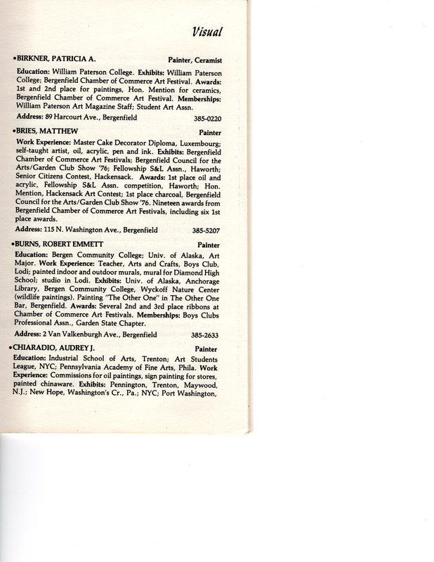 “Artists in Residence” booklet listing of performing, visual, crafts and literary artists in Bergenfield, 1977 P12.jpg