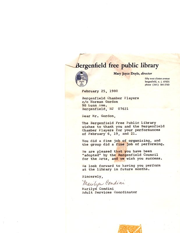 Thank you letter from Marilyn Condini adult services coordinator Bergenfield Public Library to the Bergenfield Chamber Players February 25 1980.jpg