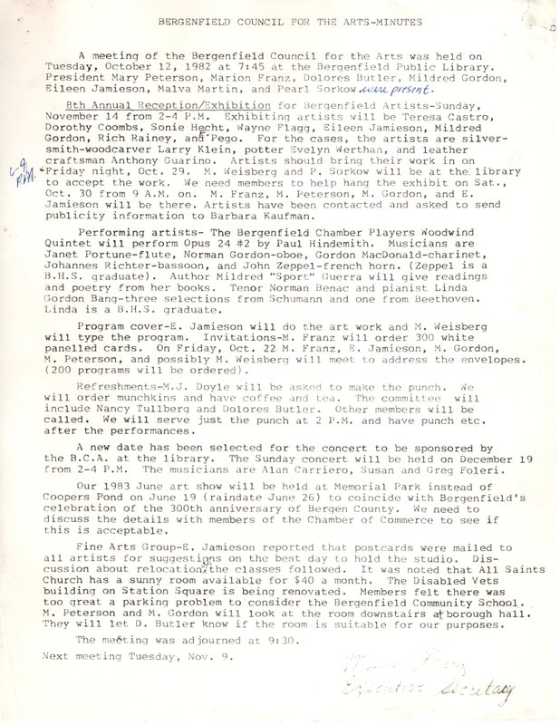 Bergenfield Council for the Arts minutes October 12 1982.jpg