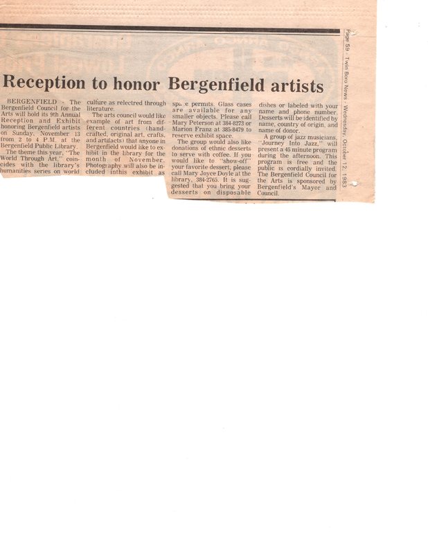 Reception to Honor Bergenfield Artists newspaper clipping Twin Boro News Oct 12 1983.jpg