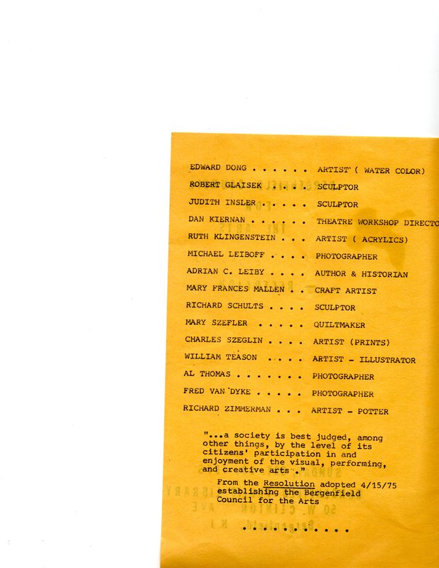 Bergenfield Council for the Arts Reception program, Oct. 19, 1975 P2.jpg