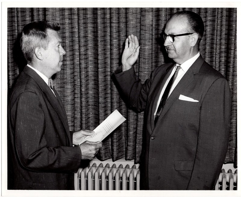 1 black and white photograph 8x10 Mayor Edward Meyer swearing in by Borough CLerk H. Radford Beucler Undated.jpg