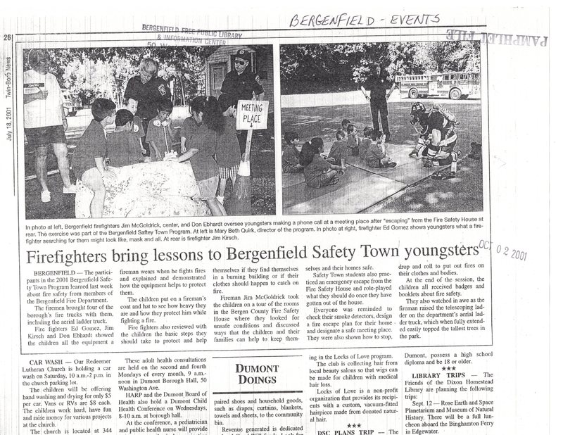 Firefighters Bring Lessons to Bergenfield Safety Town Youngsters Twin-Boro News (newspaperclipping) July 18, 2001.jpg