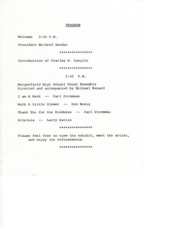 11th Annual Artists Reception Honoring Charles B Szeglin Director of Art Bergenfield Public Schools program Nov 17 1985 P3.jpg