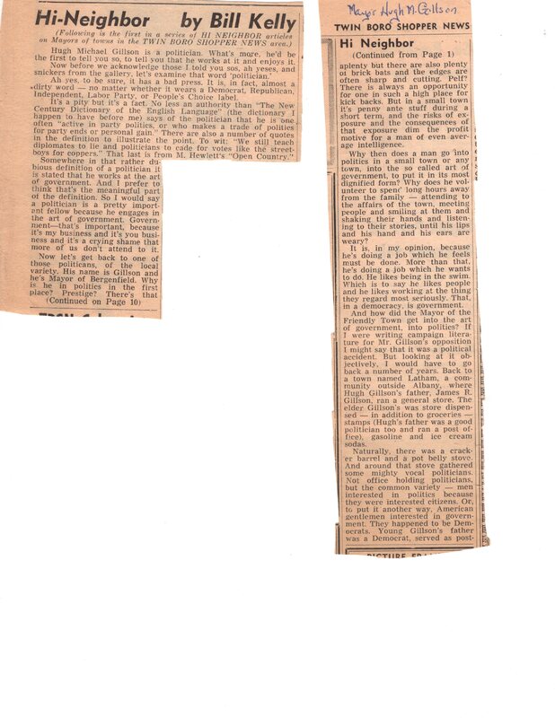 Hi Neighbor first in a series of articles on mayors of towns in the area featuring Mayor Hugh M Gillson newspaper clipping Twin Boro News undated.jpg