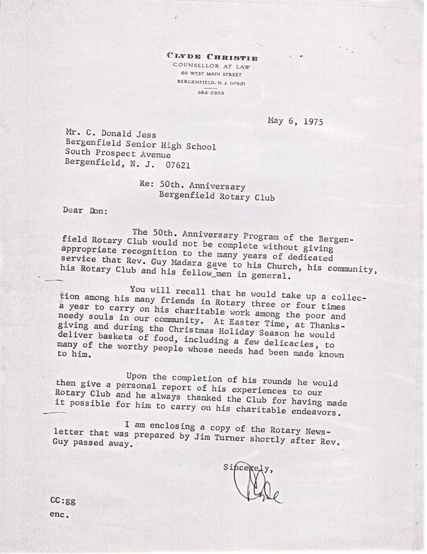 Correspondence between Clyde Christie and C Donald Mess regarding 50th anniversary of Bergenfield Rotary Club May 6 1975.jpg