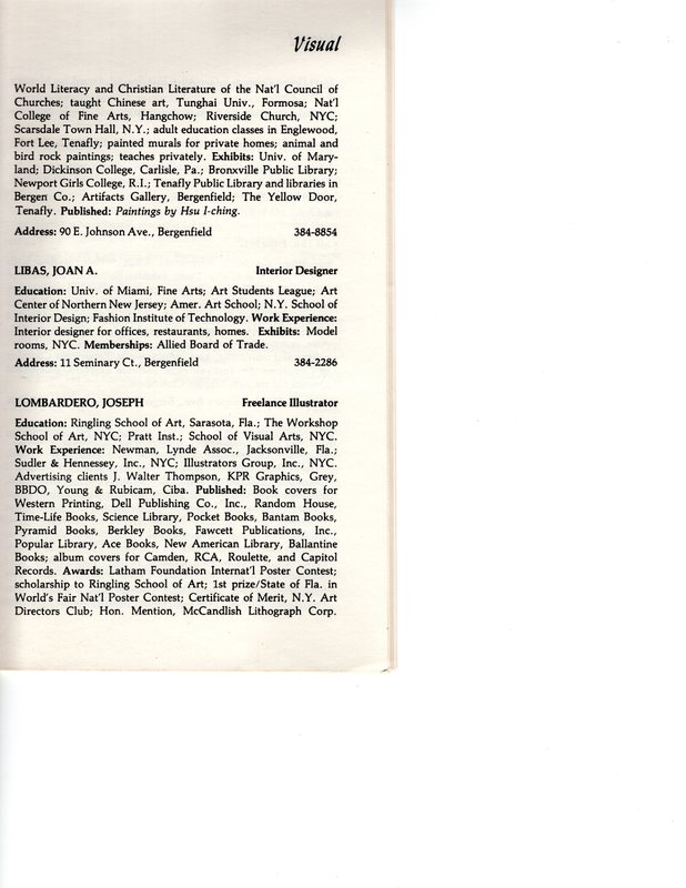 “Artists in Residence” booklet listing of performing, visual, crafts and literary artists in Bergenfield, 1977 P18.jpg