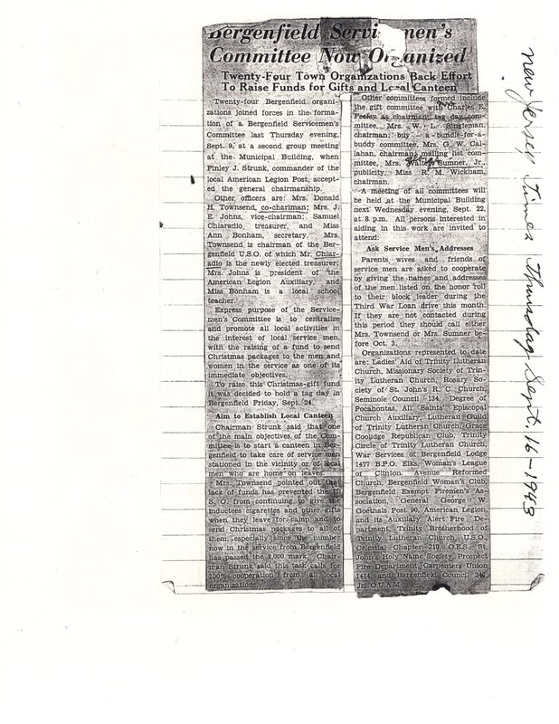 Bergenfield Servicemens Committee Now Organized New Jersey Times newspaper clipping Sept 16 1943.jpg