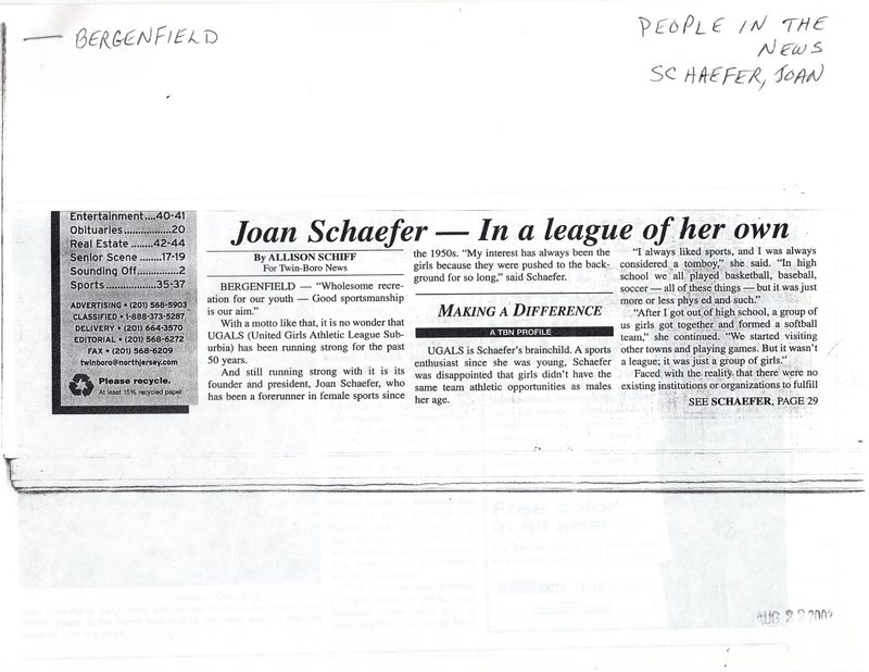 Schaefer Joan In a league of her own twin boro news August 6 2003 1.jpg