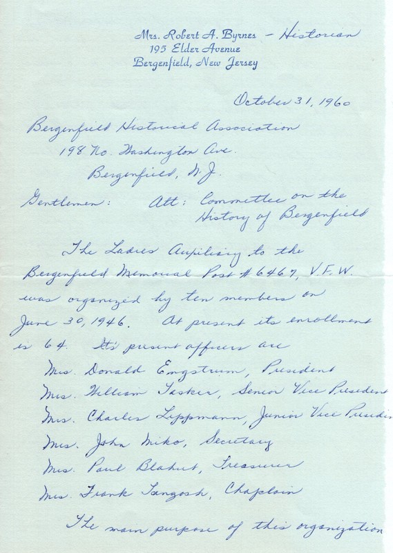 Ladies Auxiliary to Bergenfield Memorial Post 6467 history handwritten 3 pages Oct 31 1960 1.jpg