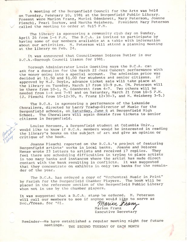 Bergenfield Council for the Arts minutes February 10 1981.jpg