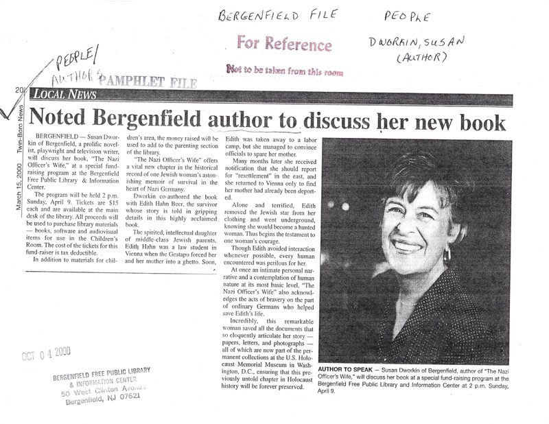 Dworkin Susan Noted Bergenfield author to discuss her new book March 15 2000.jpg