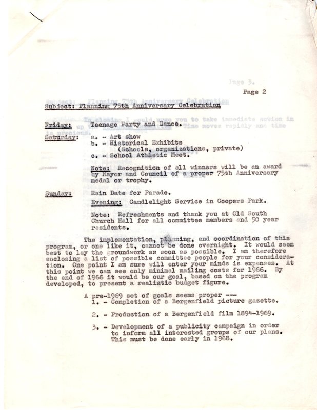 Memo -Planning 75th Anniversary Celebration Dec 29 1965