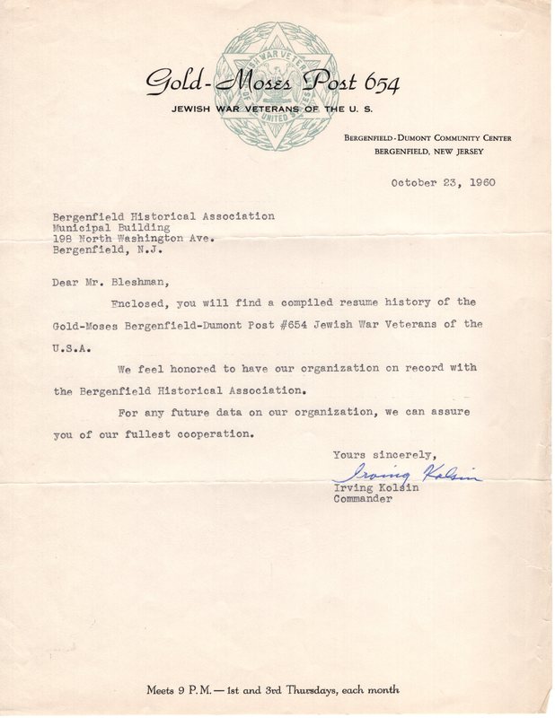 Gold Moses Post 654 Jewish War Veterans of the US history typewritten 4 pages plus cover letter Oct 23 1960 1.jpg