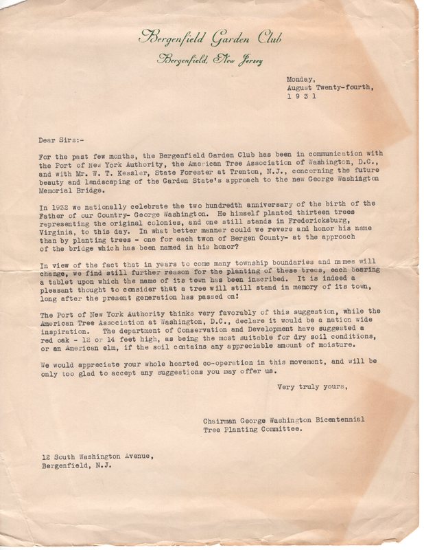 Letter from the Bergenfield Garden Club regarding planting trees for the dedication of the George Washington Bridge Aug 24 1931.jpg