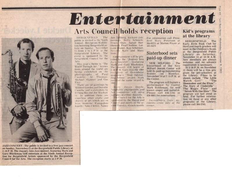 Arts Council Holds Reception newspaper clipping Twin Boro News Nov 9 1983.jpg