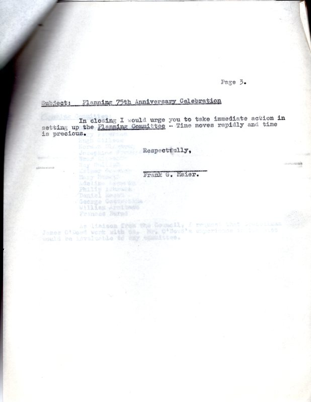 Memo -Planning 75th Anniversary Celebration Dec 29 1965