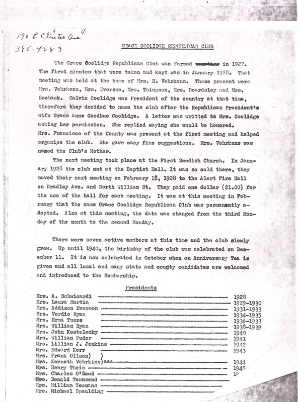 History of Grace Coolidge Republican Club typewritten 1 page Undated.jpg