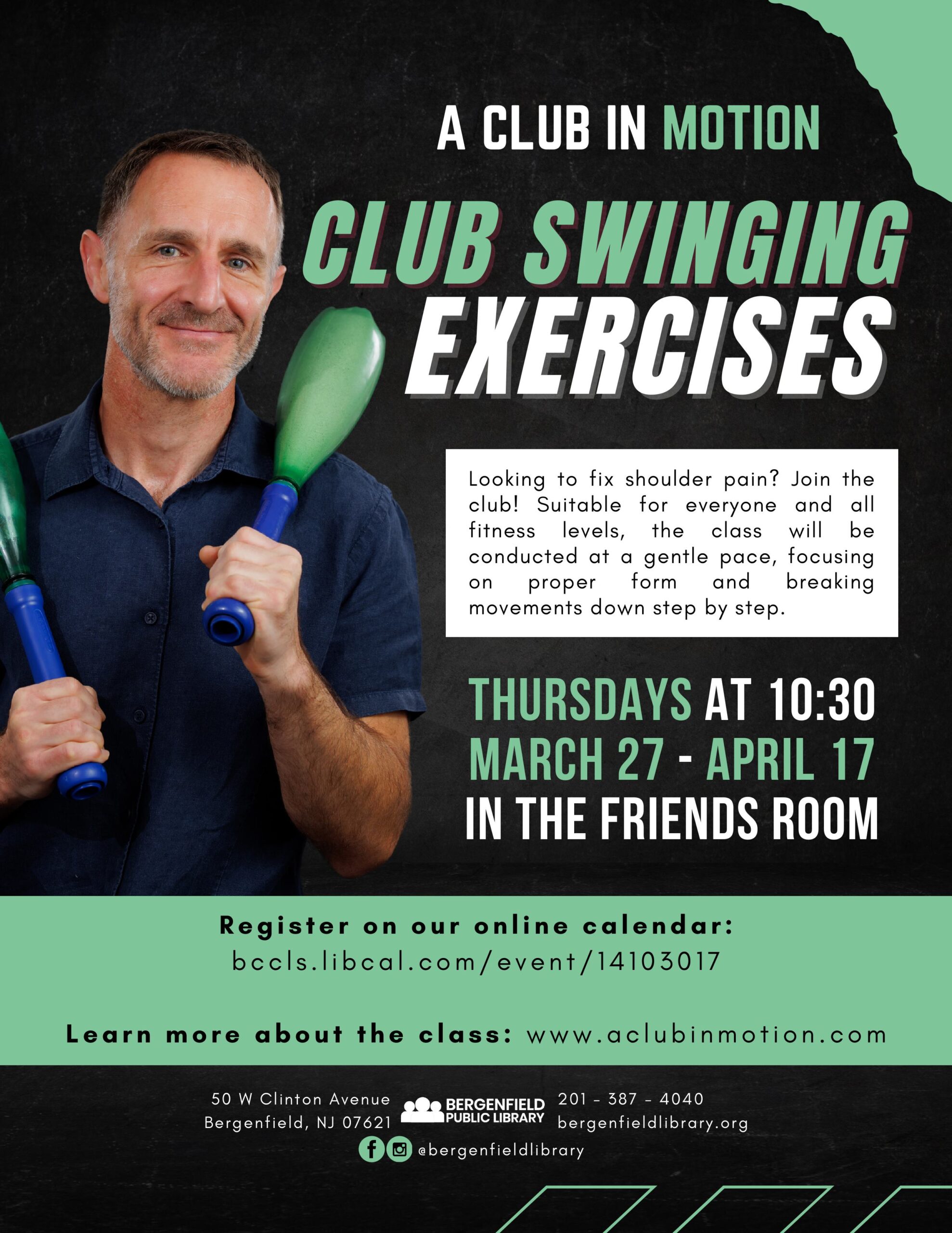 Club Swinging Exercises Flyer Thursdays at 10:30 in the Friends Room March 27 - April 17 Register on the online calendar bccls.libcal.com/event/14103017