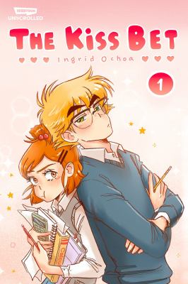 Cover for a YA Graphic Novel. Two characters, male and female, lean on each other begrudgingly. Text reads, "The Kiss Bet v.1." Written by Ingrid Ochoa.